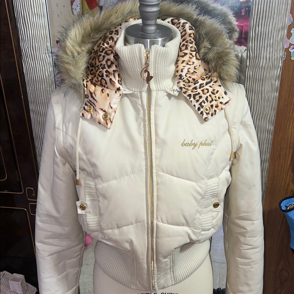 Baby Phat Women's Ivory Puffer Jacket with Faux Fur and Leopard Accents